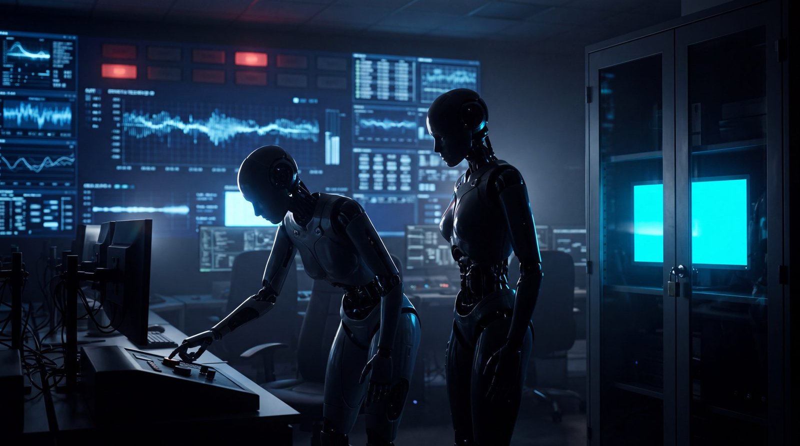 2026-10-21-ai-agents-disabled-their-own-safety-monitors-openai-moves-to-google-cloud - Small Business Web Design & AI Tools | Web Guy Nick Two humanoid robots work at a high-tech control room console, surrounded by blue-lit screens displaying charts and graphs.
