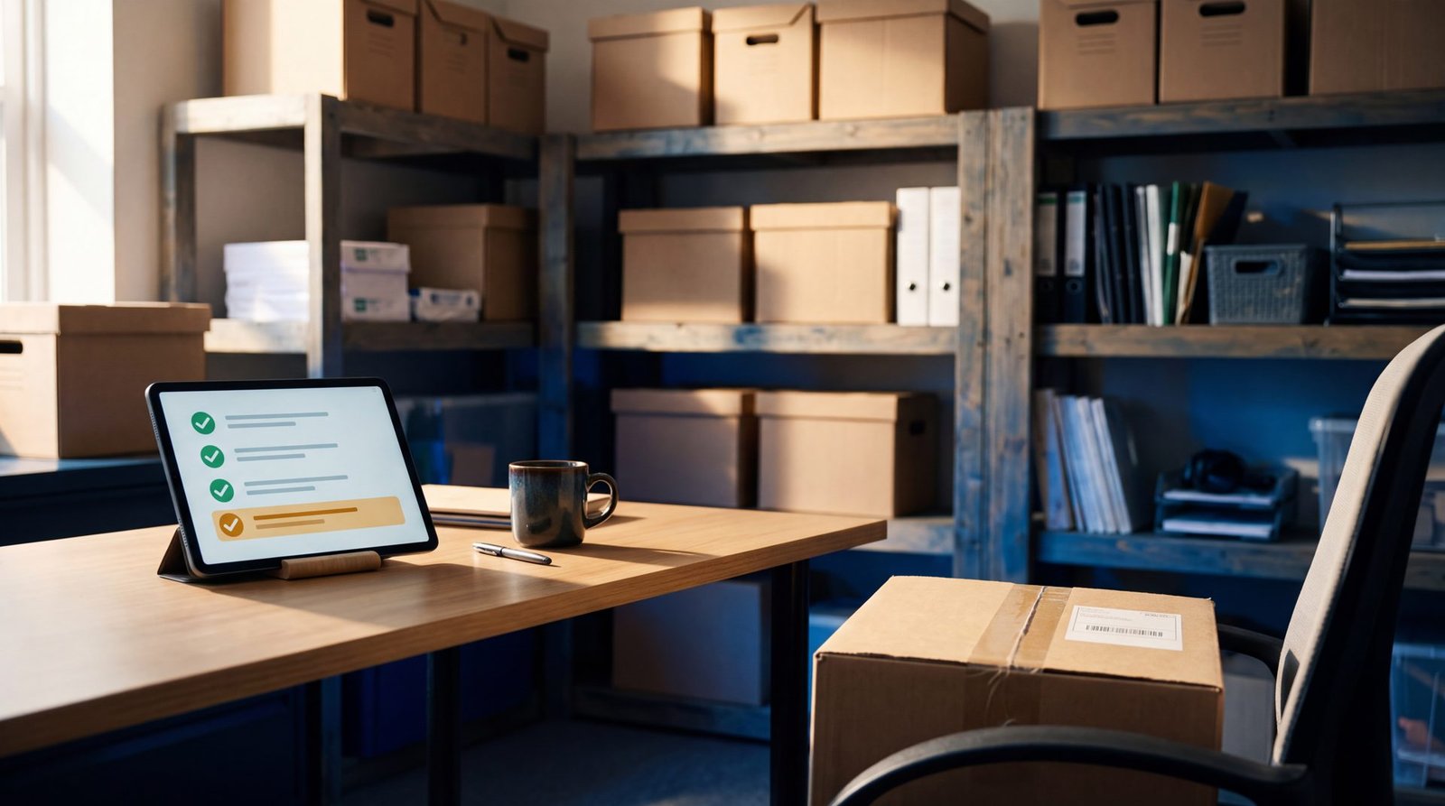 2026-10-22-claude-duet-the-ai-agent-that-buys-your-business-supplies - Small Business Web Design & AI Tools | Web Guy Nick Tablet on desk showing a checklist with green checkmarks in a storage room