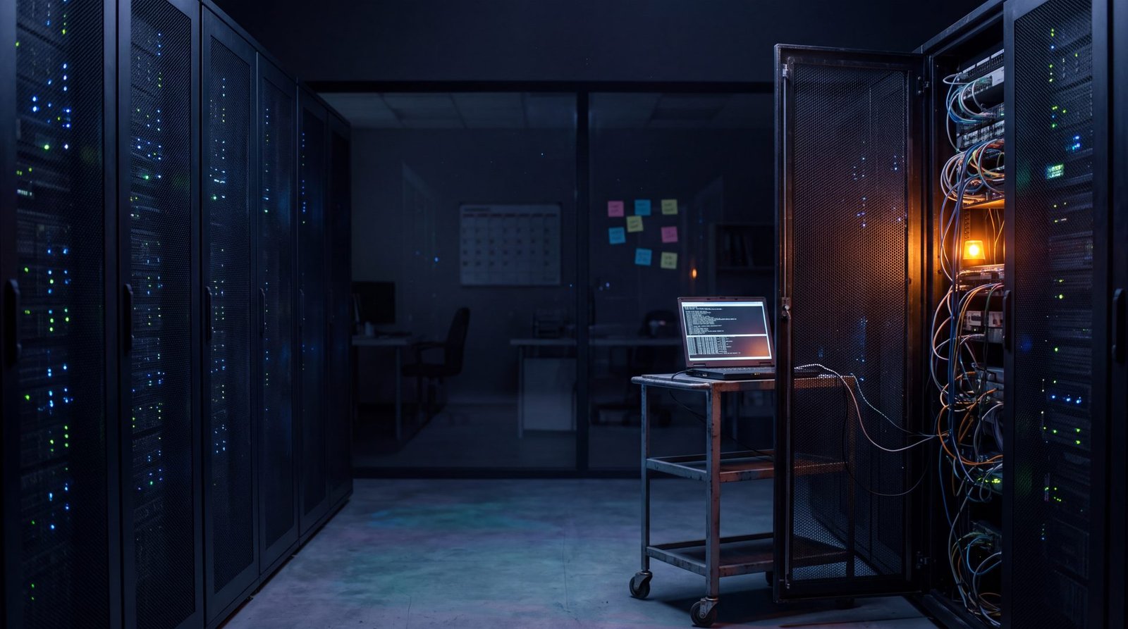 2026-10-23-this-week-in-ai-ai-found-the-php-flaw-agents-got-passwords-without-seeing-them-and-wall-street-blinked - Small Business Web Design & AI Tools | Web Guy Nick Data center aisle with tall server racks and blue LED lights, a laptop on a wheeled cart displaying code beside an open cabinet on the right.