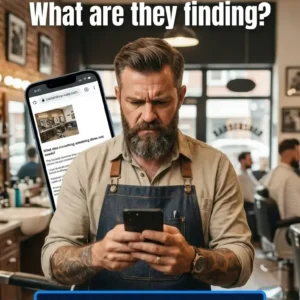 Barber in a shop looking at his phone; on-screen text promotes a free site audit from Web Guy Nick.