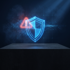 Blue glowing shield hologram with particles, representing cybersecurity on a dark digital backdrop.