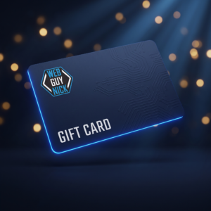 Gift card with blue neon edge, circuit patterns, and the WEB GUY NICK logo in the corner.