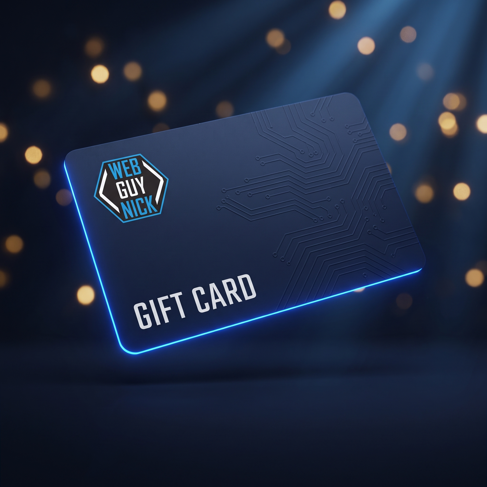 Gift card with blue neon edge, circuit patterns, and the WEB GUY NICK logo in the corner.