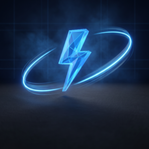 Blue glowing crystal bolt with geometric facets, surrounded by a circular neon ring in a dark, moody background.