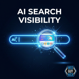 AI Search Visibility service banner with glowing neon search bar and Web Guy Nick logo