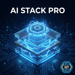 The Web Guy AI Stack Pro banner with fully lit layer stack and badge, Web Guy Nick logo