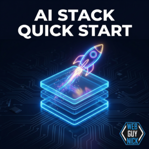 AI Stack Quick Start Add On banner with rocket launching from glowing stack and Web Guy Nick logo