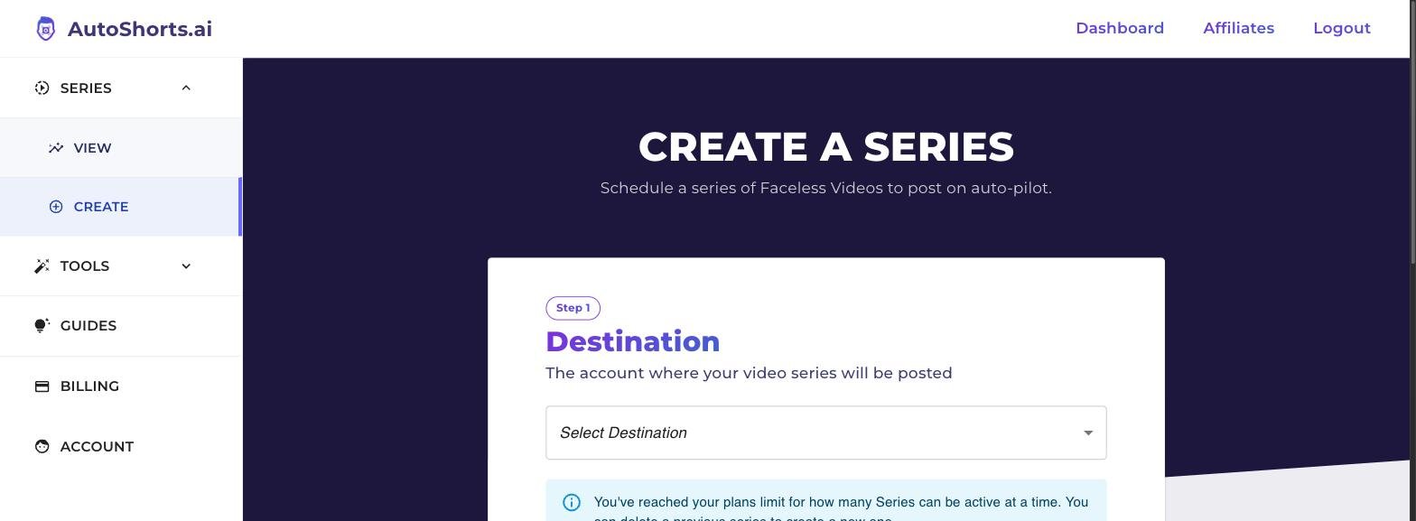 Create a Series step 1 destination screen inside AutoShorts.ai