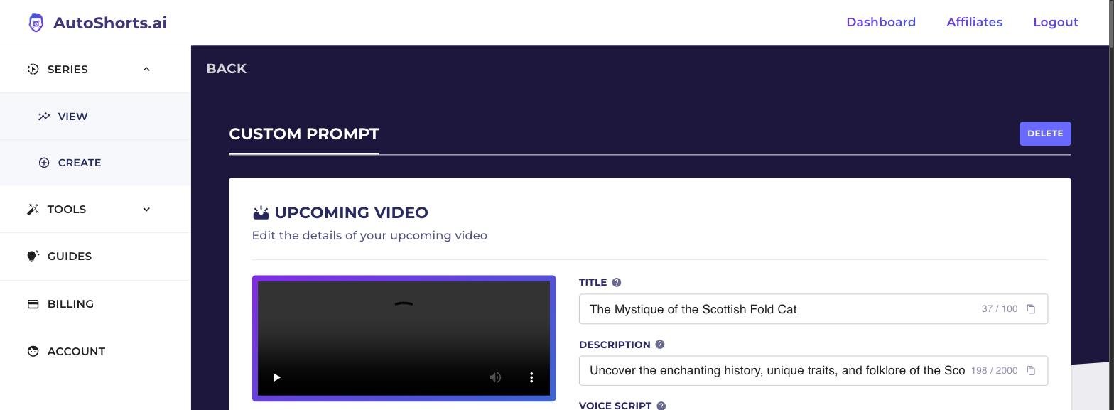AutoShorts.ai dashboard showing a faceless YouTube video series running on auto-pilot