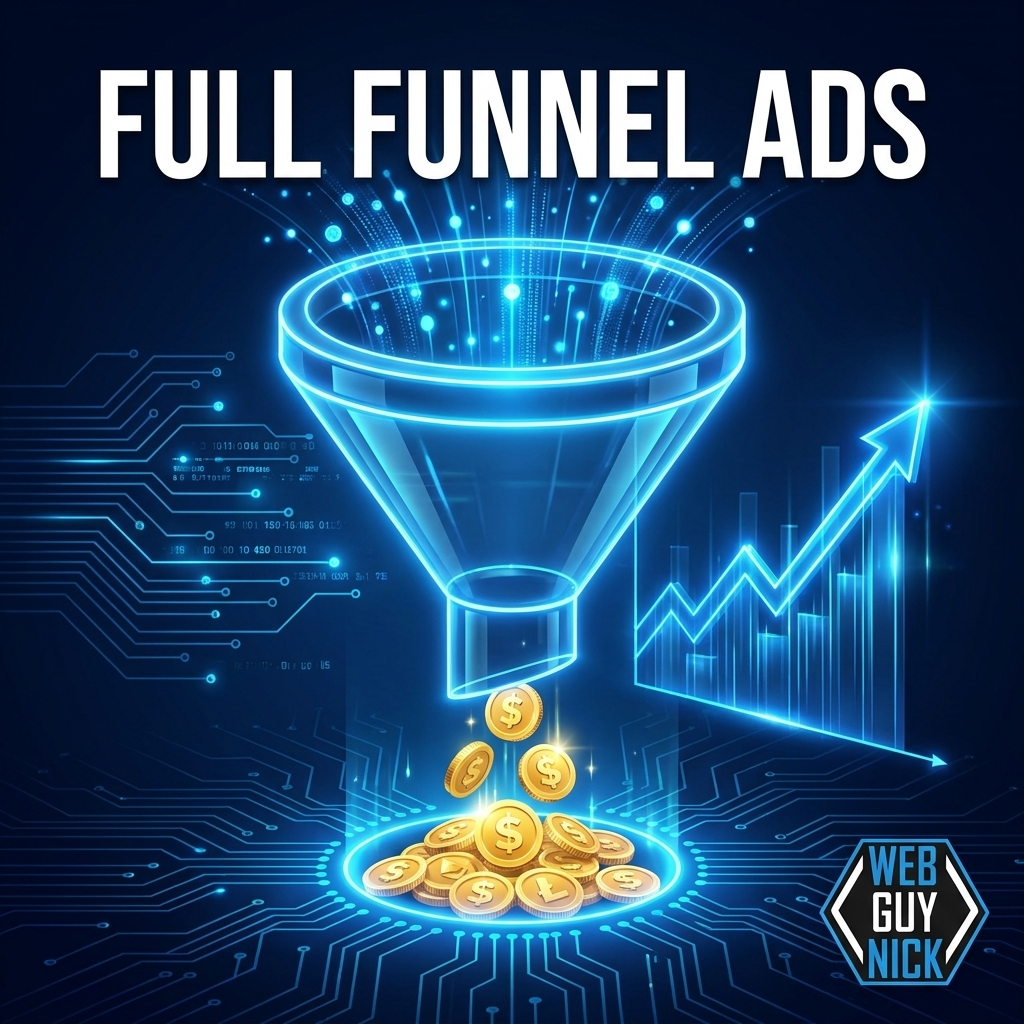 Full Funnel Ads Package banner with neon marketing funnel and Web Guy Nick logo
