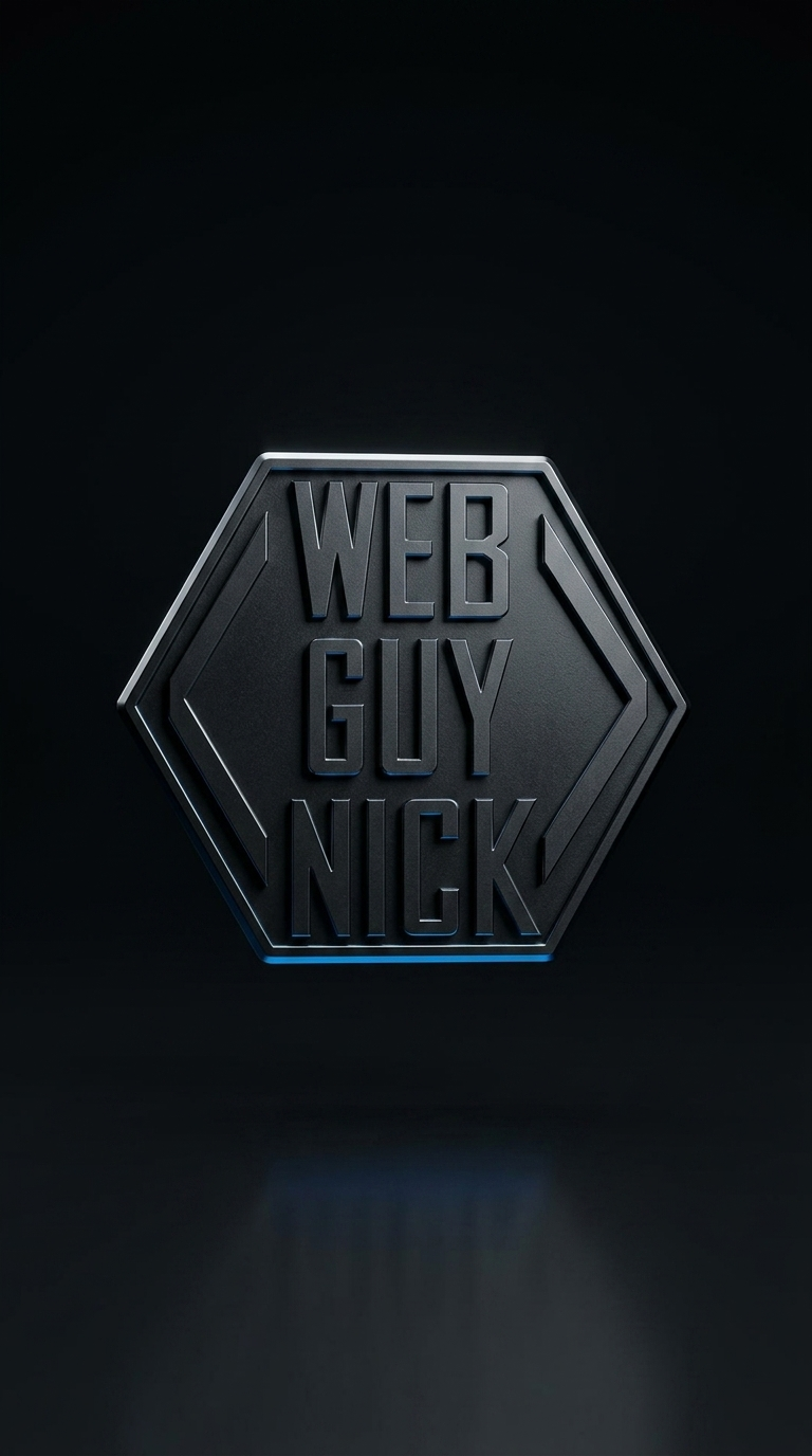 Dark studio product reveal frame of the Web Guy Nick hexagon logo generated with Higgsfield AI