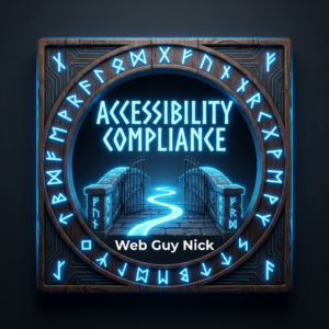 Neon blue circular emblem with the words 'Accessibility Compliance' and 'Web Guy Nick' surrounded by glowing runes and a glowing stone path toward gates.