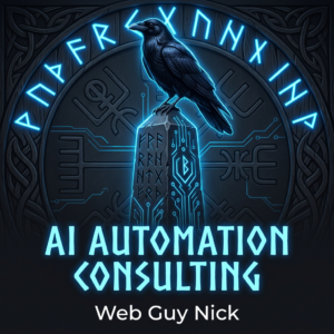 Neon logo: raven perched on a glowing circuit pillar with blue “AI AUTOMATION CONSULTING” text and “Web Guy Nick” at the bottom