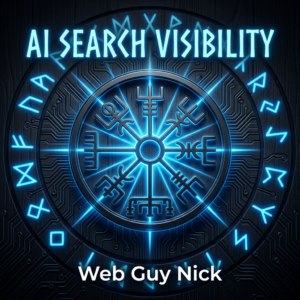 Neon blue circular tech design with runic circle; top text reads 'AI SEARCH VISIBILITY' and bottom reads 'Web Guy Nick'