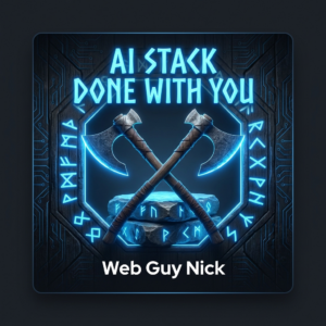 Podcast cover with neon blue crossed axes inside a rune circle, title 'AI STACK DONE WITH YOU' and author 'Web Guy Nick' at the bottom.