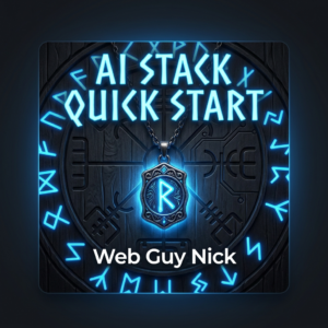 Neon blue logo with 'AI STACK QUICK START' around a glowing circular symbol and a pendant 'R'; 'Web Guy Nick' at the bottom.