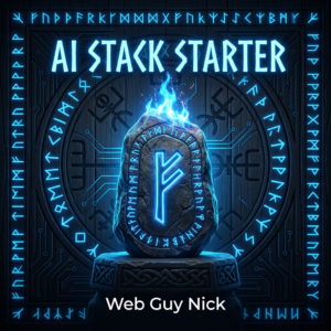 Neon-blue title card reading 'AI STACK STARTER' above a glowing rune-stone on a pedestal, surrounded by circuit-patterns and glowing runes; bottom text shows 'Web Guy Nick'.