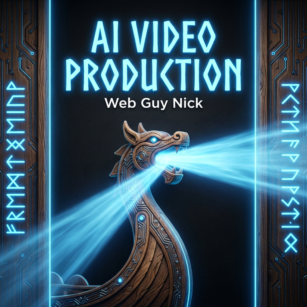 Neon blue banner reading 'AI VIDEO PRODUCTION' with 'Web Guy Nick' beneath, a carved dragon statue spewing a blue light beam between futuristic panels with circuit patterns and runic edges.