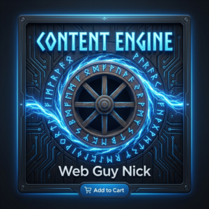 Product card for Content Engine: glowing blue runic wheel, branding text, 'Web Guy Nick', and an Add to Cart button in neon blue.
