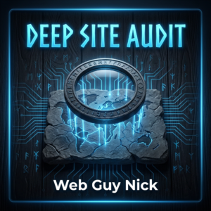 Neon blue text reading 'Deep Site Audit' above a cracked rock slab with a glowing globe inside a circular rune ring and circuitry background.