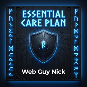 Neon blue sign saying 'Essential Care Plan' above a shield emblem, with 'Web Guy Nick' at bottom, on a dark tech panel.