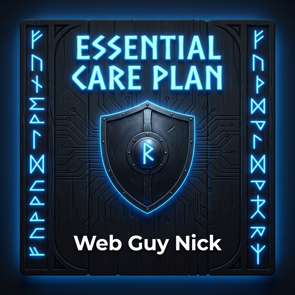 Neon blue sign saying 'Essential Care Plan' above a shield emblem, with 'Web Guy Nick' at bottom, on a dark tech panel.