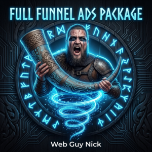 Promotional cover featuring a fierce armored warrior holding a glowing horn, with 'Full Funnel Ads Package' and 'Web Guy Nick' text.