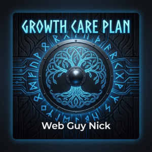 Cover art for 'Growth Care Plan' by Web Guy Nick, featuring a blue-lit circular tree shield at center with circuitry patterns in dark metal.