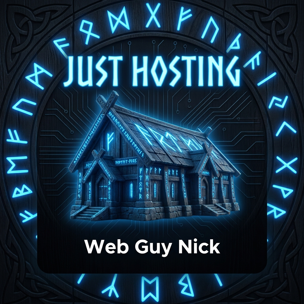 Logo with a glowing blue runic circle around a wooden longhouse; text reads 'JUST HOSTING' with 'Web Guy Nick' underneath.
