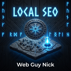 Neon blue 'LOCAL SEO' text above a glowing rune coin and a small village map on a rocky platform (Web Guy Nick).]