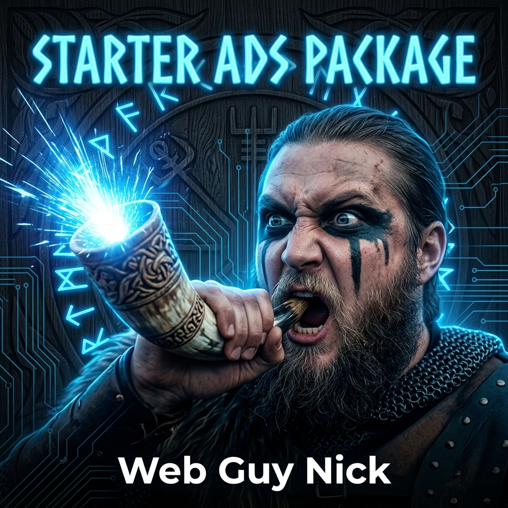 Bearded warrior biting a glowing carved horn amid neon circuitry; 'STARTER ADS PACKAGE' above, 'Web Guy Nick' below.