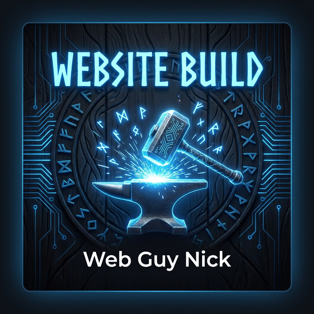 Neon blue 'Website Build' graphic with a glowing hammer striking an anvil over a circuit-board background; shows 'Web Guy Nick' text below.