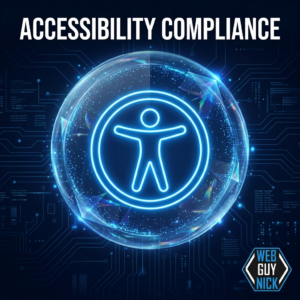 Website Accessibility Compliance banner with neon accessibility symbol in shield, Web Guy Nick logo
