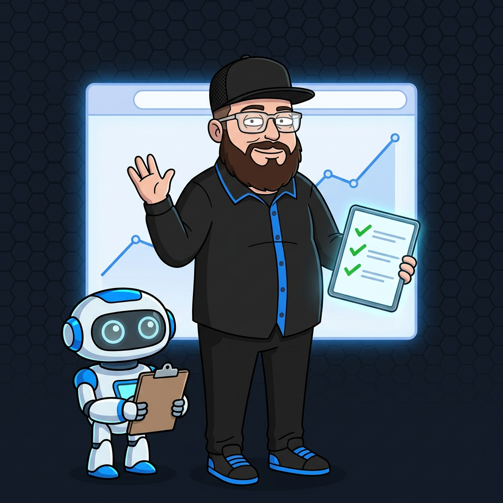 Cartoon Web Guy Nick waving and holding a tablet with a checklist, with a small robot assistant