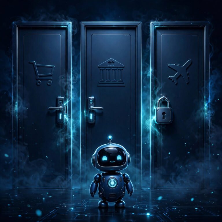 Podcast episode artwork - AI Agents Get Locked Out: Amazon, Banks and Airlines Block the Bots - Small Business Web Design & AI Tools | Web Guy Nick Small robot outside locked shopping, banking, and airline doors