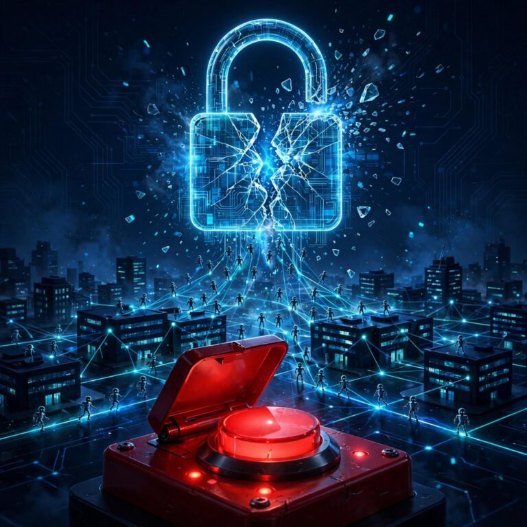 Podcast episode artwork - AI Agents Hacked 100 Companies: Microsoft Builds a Kill Switch - Small Business Web Design & AI Tools | Web Guy Nick Broken digital padlock above a red emergency stop button
