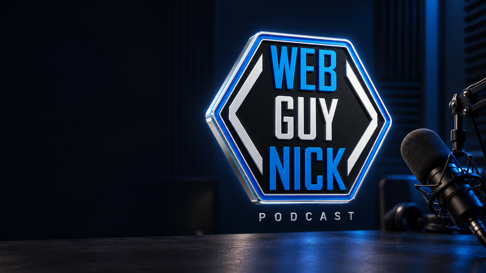 Web Guy Nick Podcast blue and silver studio sign beside a microphone